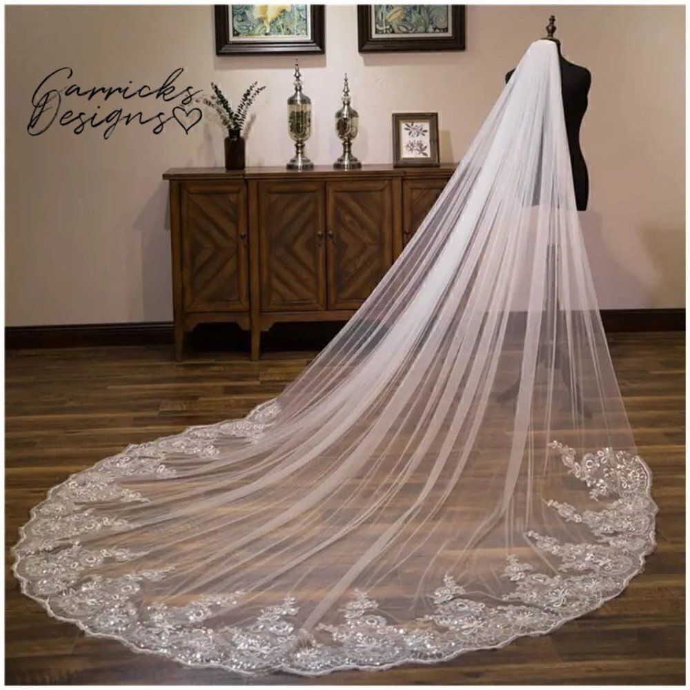 Floral and Sequin Cathedral Bridal Wedding Veil With Comb Ivory Veil White Veil
